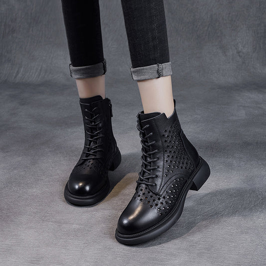 Women's Layer Cowhide Hollow Ankle Retro British Boots