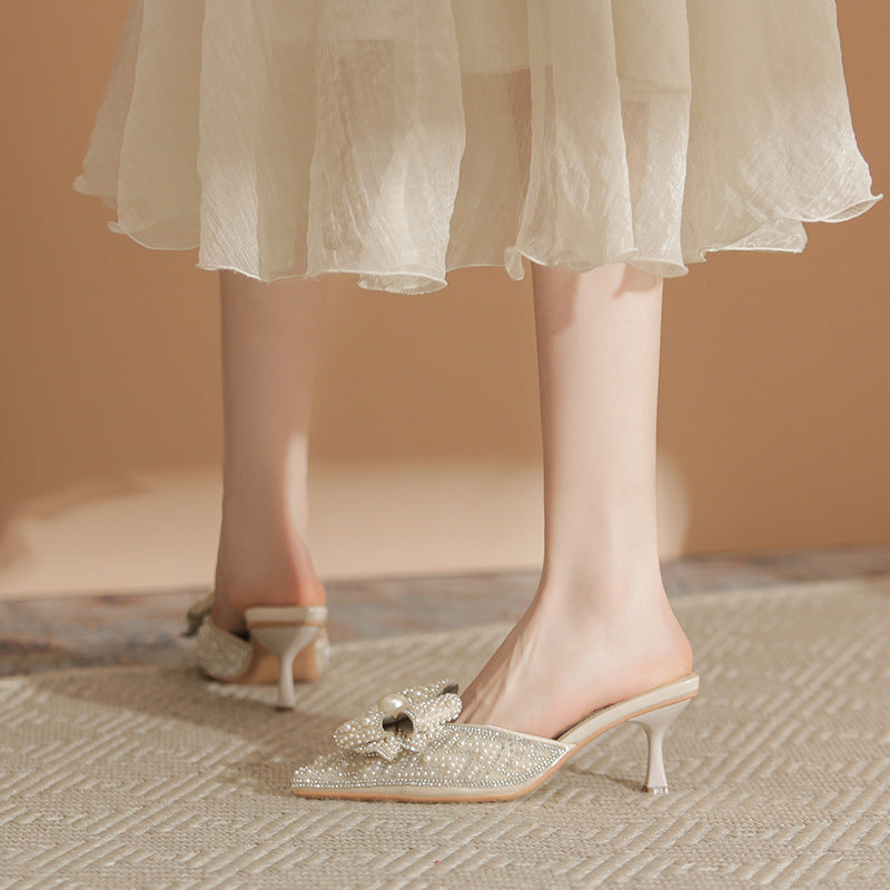 Women's Spring Pointed Toe Cap Rhinestone High Low-cut Heels