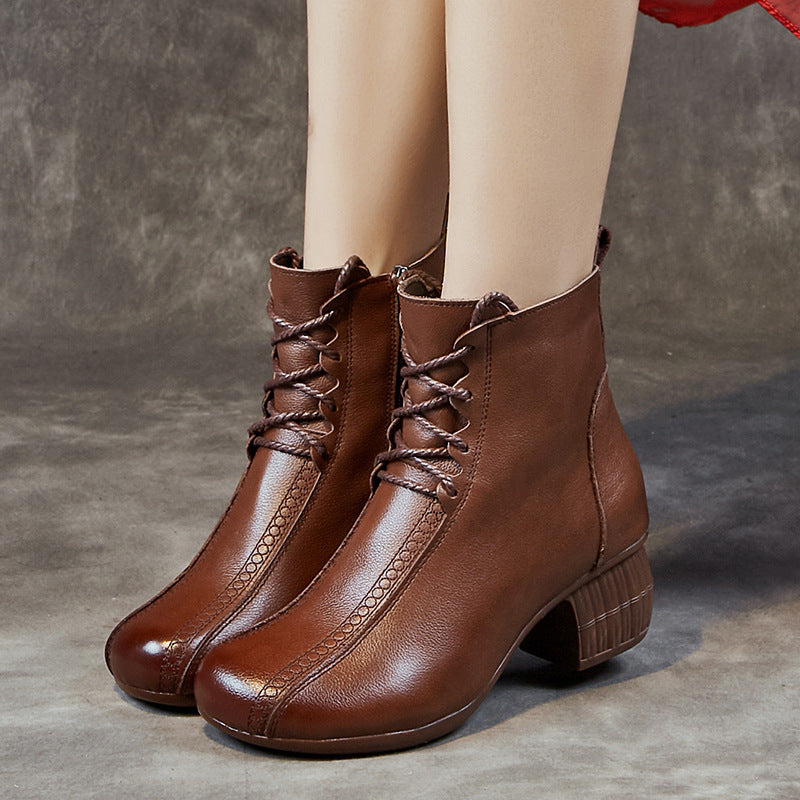 Women's Thick Fleece-lined Short Top Layer Cowhide Round Heels