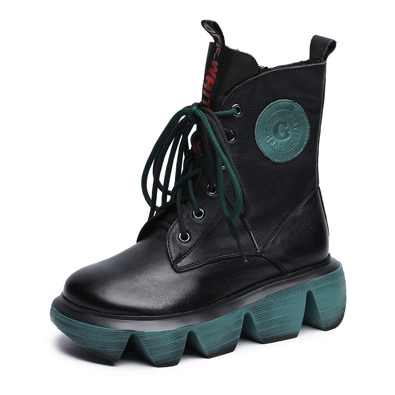 Women's Platform Wedge Booties Versatile Retro Cotton Lace Up Boots