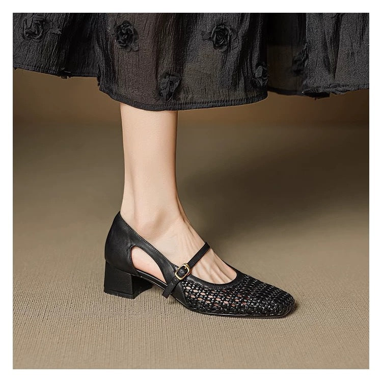 French Hollow Woven Mary Jane Hole Pumps Sandals