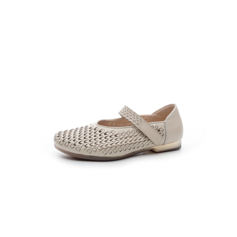 Women's Handmade Retro Hollow First Layer Cowhide Flat Bottom Casual Shoes