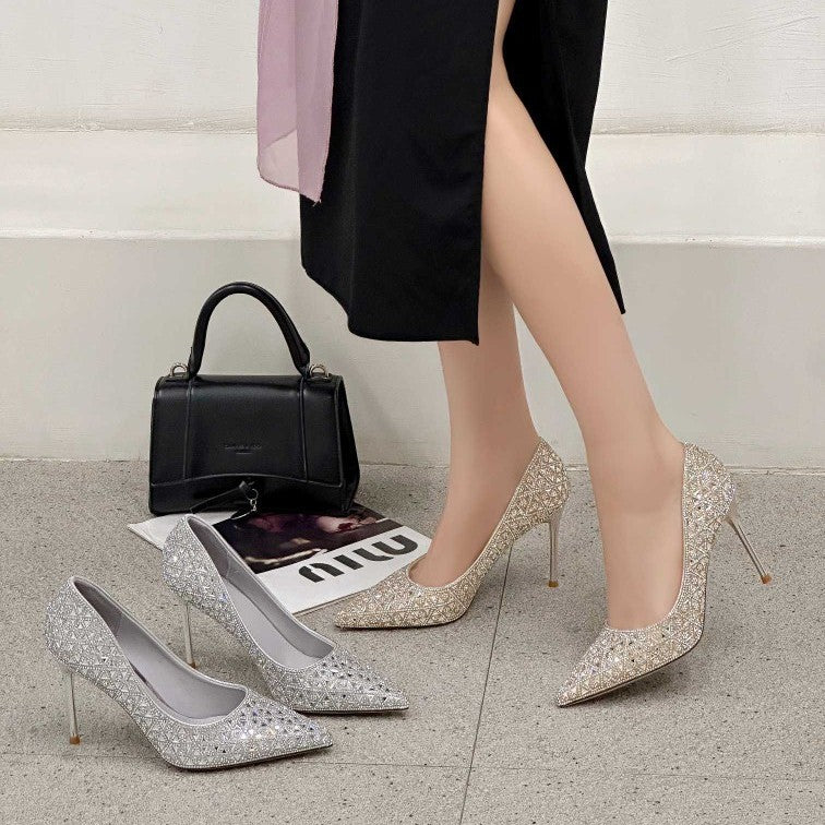 Women's French Style Pointed Toe Rhinestone Low-cut Stiletto Sexy Shiny Dress Women's Fashion Shoes