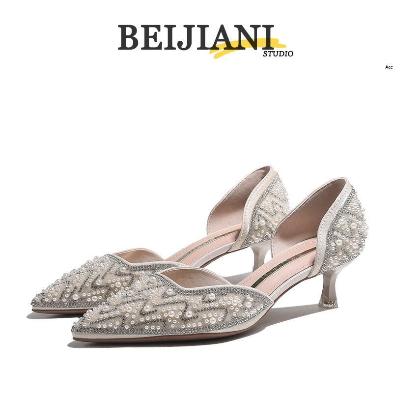 French Style Bright Crystal Pearl Wedding Bridesmaid High Pointed Toe Women's Fashion Shoes