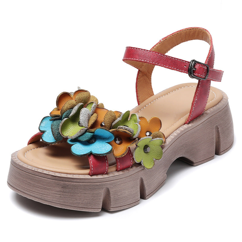 Women's Summer Ethnic Style Flower First Layer Cowhide Outer Sandals