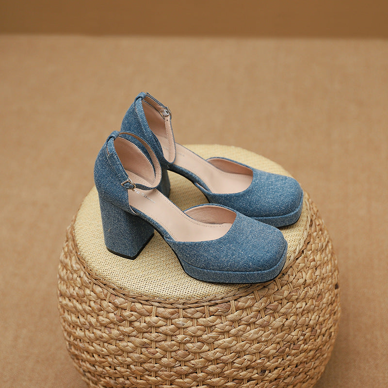 Women's Goddess Waterproof Platform Square Toe Hollow High Word Strap Heels
