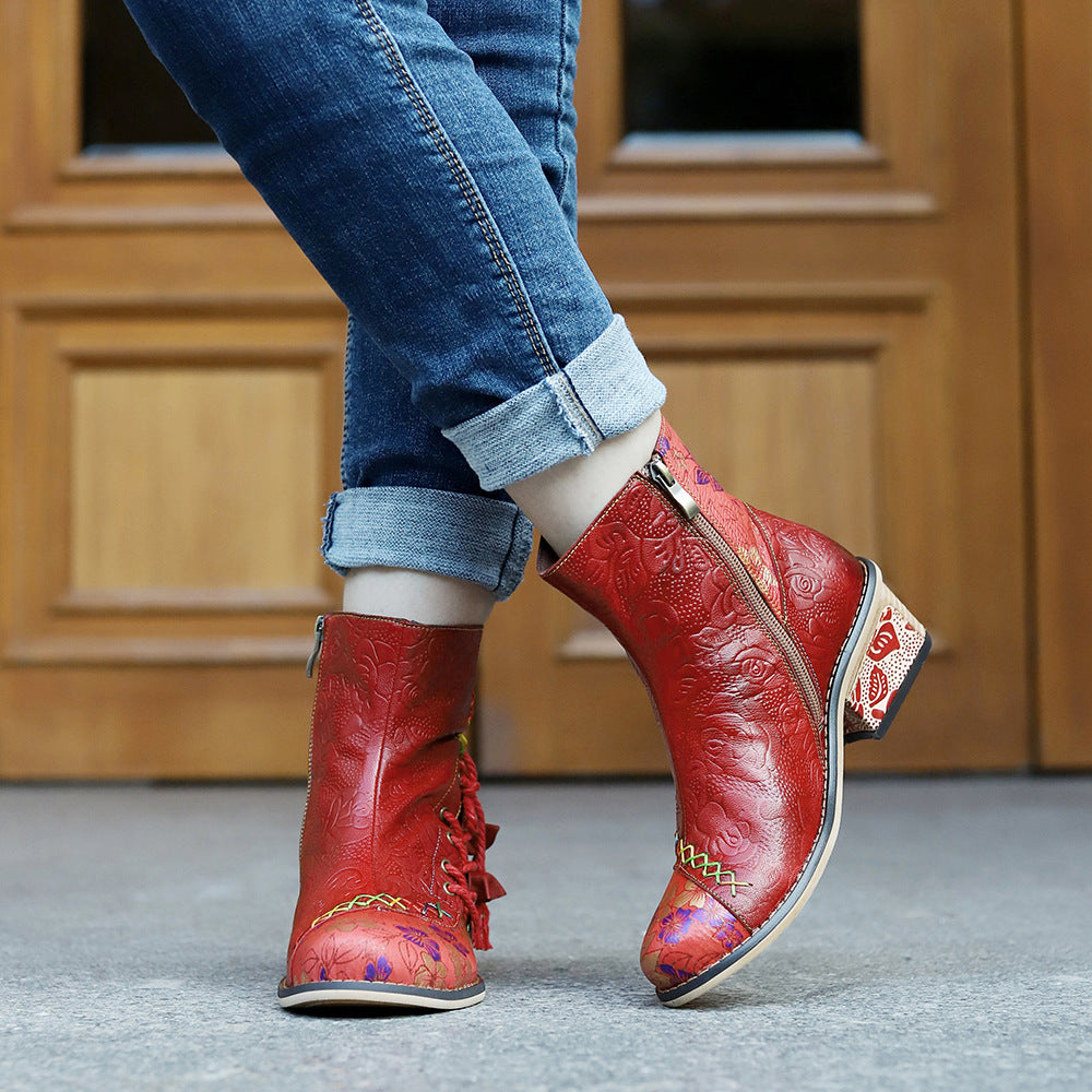Women's Hand-rub Color Genuine Stitching Printing Straps Boots