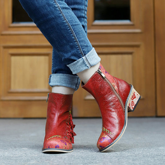 Women's Hand-rub Color Genuine Stitching Printing Straps Boots