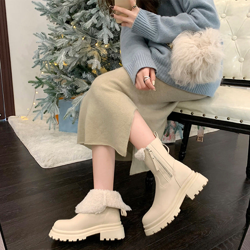 Winter Thick Bottom Side Zipper Lamb Fur Snow Boots