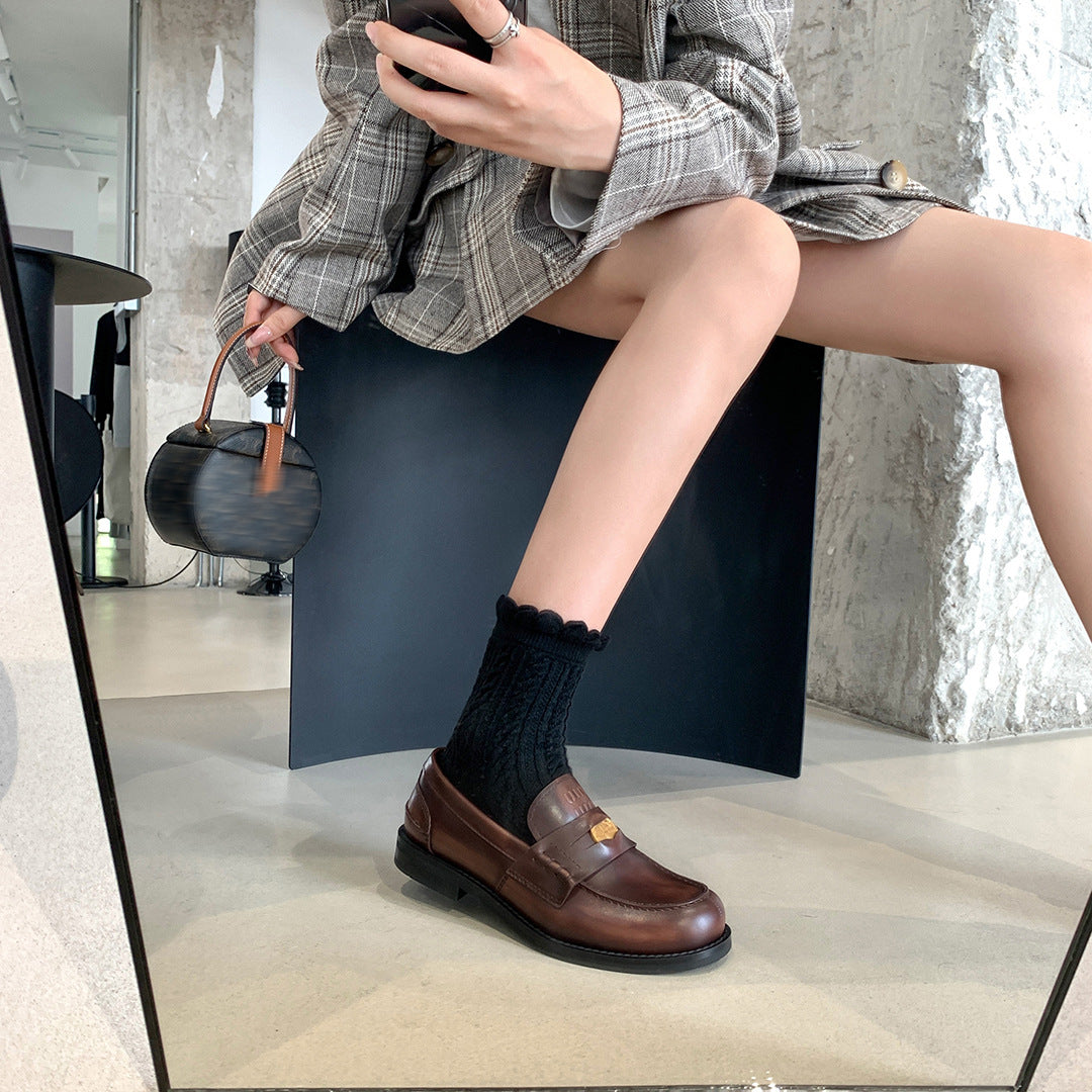 Women's Style Chunky Small Gold Coin British Heels