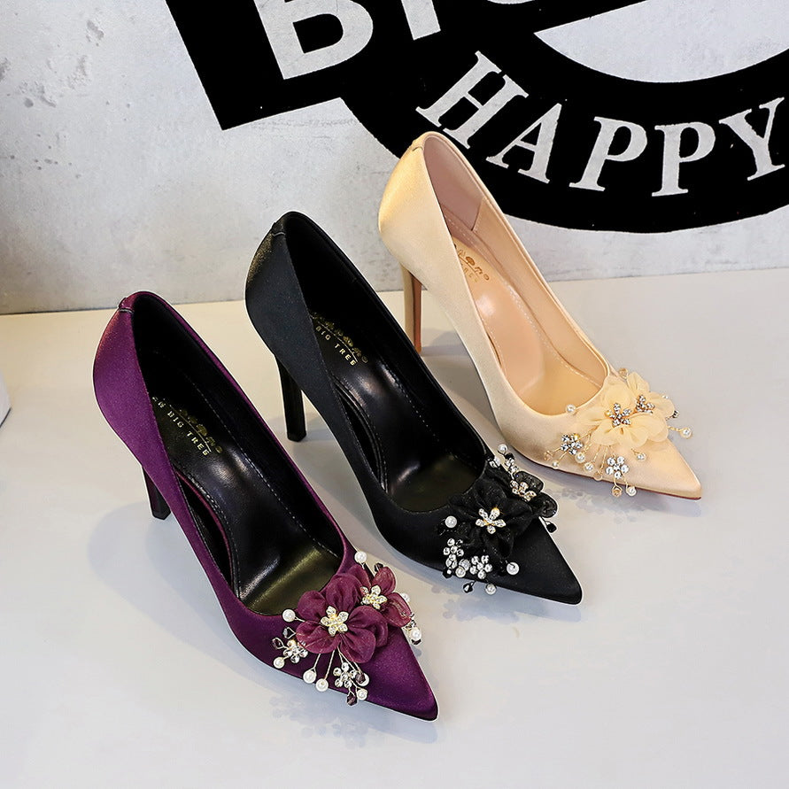 Women's Flower Beaded Thin Glittering Pointed High Dress Main Wedding Women's Fashion Shoes