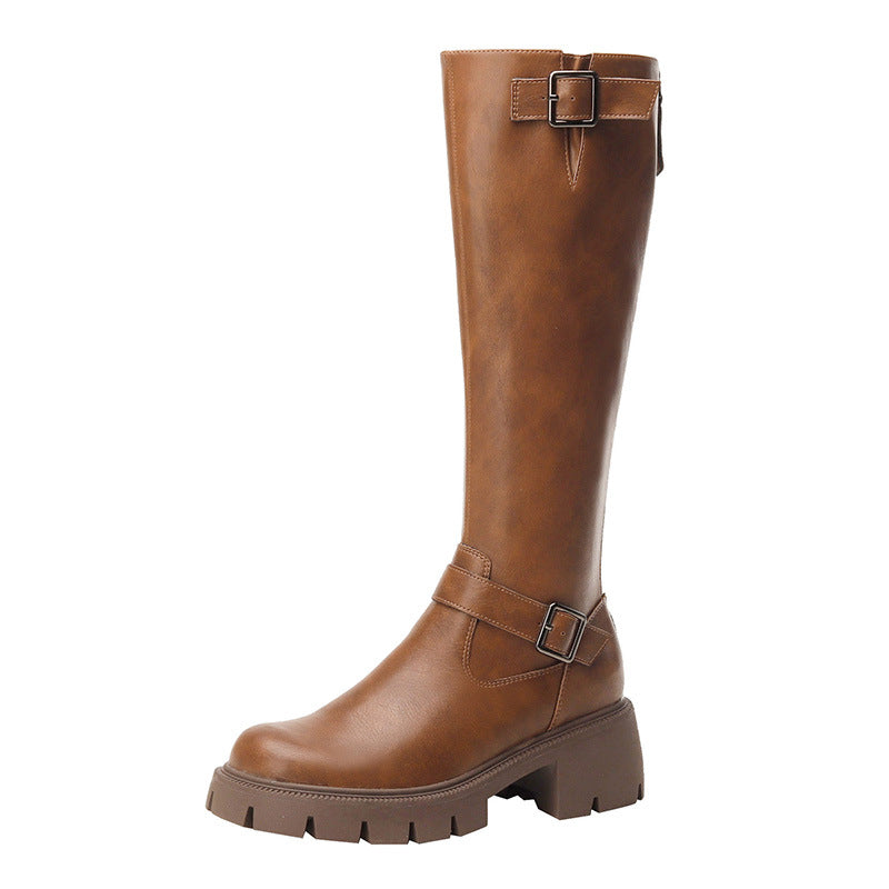 Women's Thick Bottom Height Brown British Style Boots