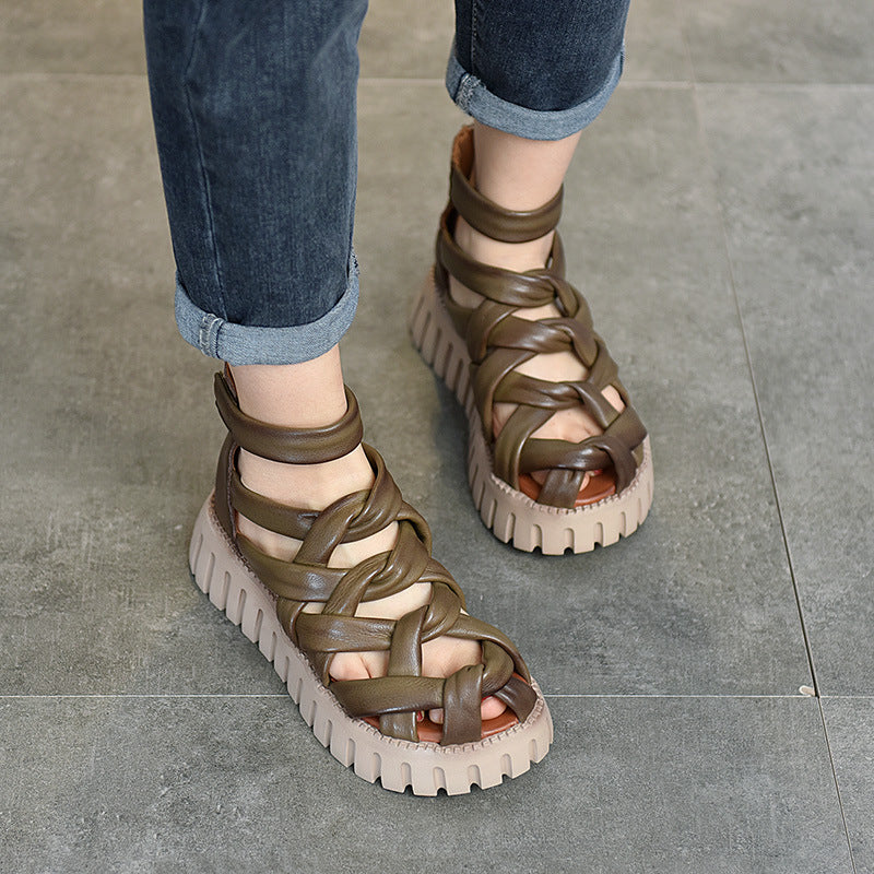 Women's Pairs Of Thick-soled Roman Genuine Pitcher Sandals