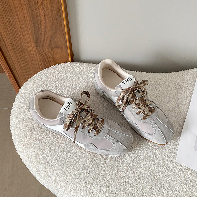 Women's Mom Cowhide Fashionable Retro Contrast Color Round Square Toe Style Women's Sports Shoes