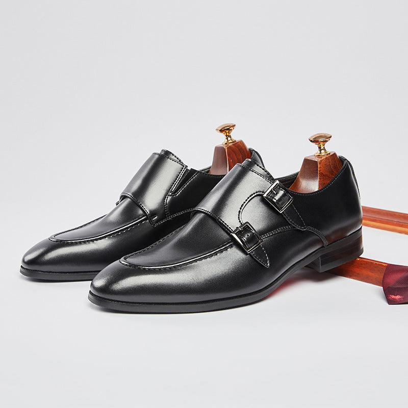 Men's Pointed British Style Double Buckle Monk Leather Shoes