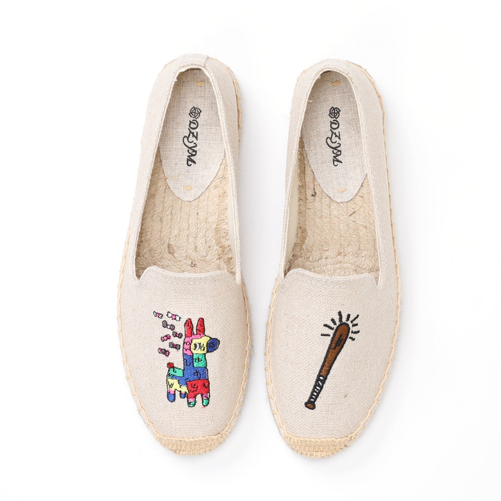 Women's Closed Toe Embroidered Flat Fisherman Fashion Canvas Shoes