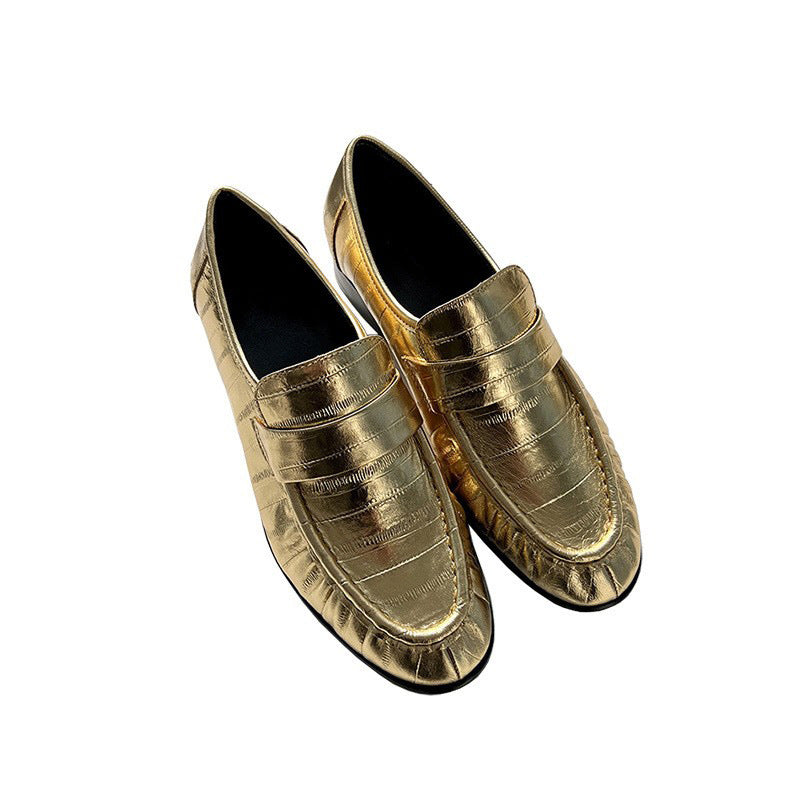 Women's Retro Eel Pattern Cowhide Genuine Round Loafers