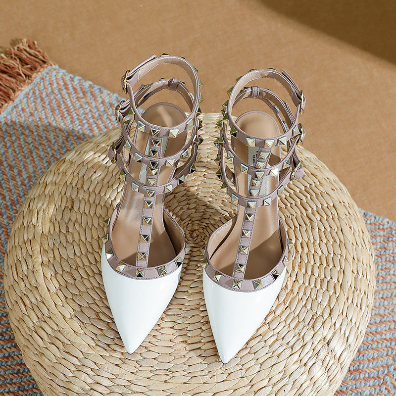 Women's Pointed Toe Cap Rivet Nude High Heels