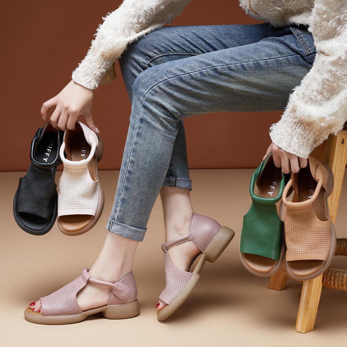Women's First Layer Cowhide Summer Side Empty Sandals