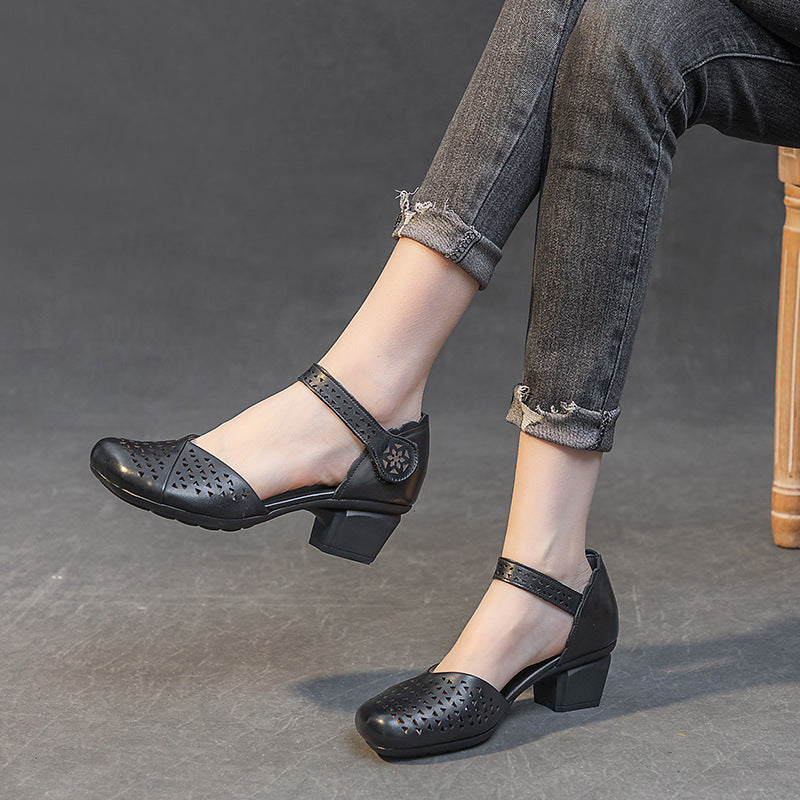 Women's Thick Mid Punching Hollow Out Velcro Heels