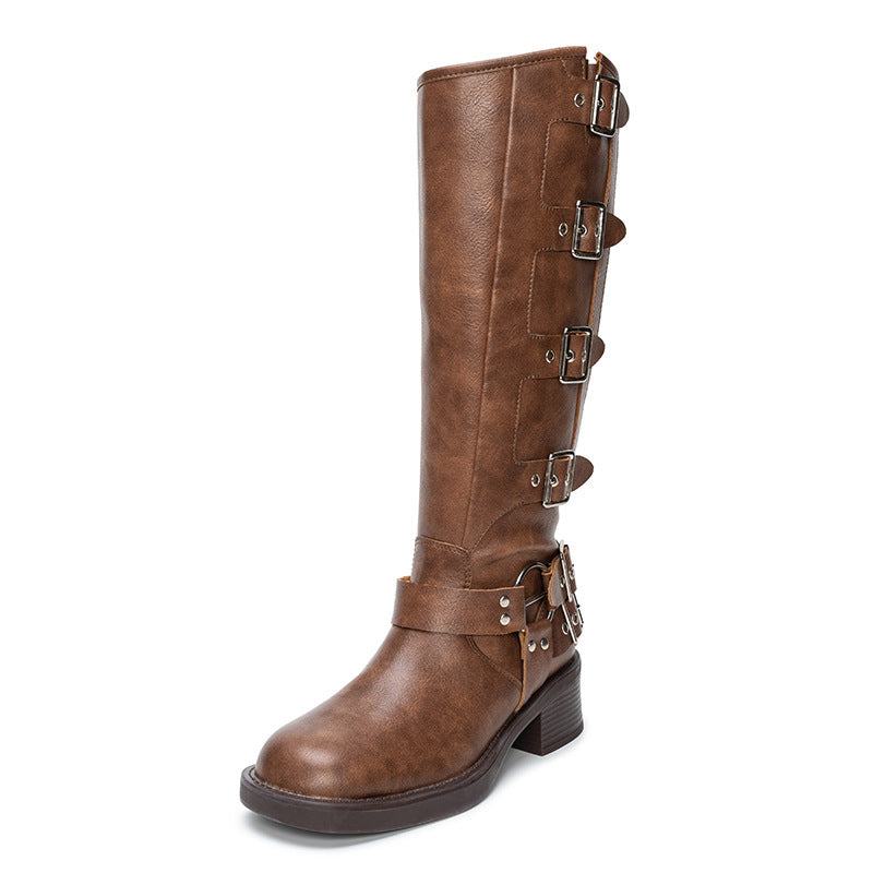 Women's Round Toe Belt Buckle Chunky Western Boots