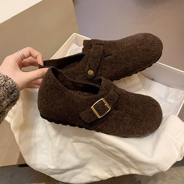 Women's Belt Buckle Round Toe Flat Korean Style Vintage Women's Shoes