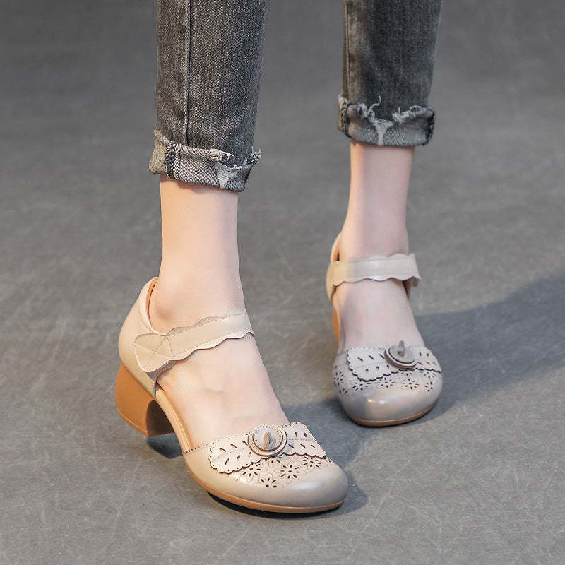 Women's Summer Chunky Mid Top Layer Cowhide Retro Rub Colored Heels