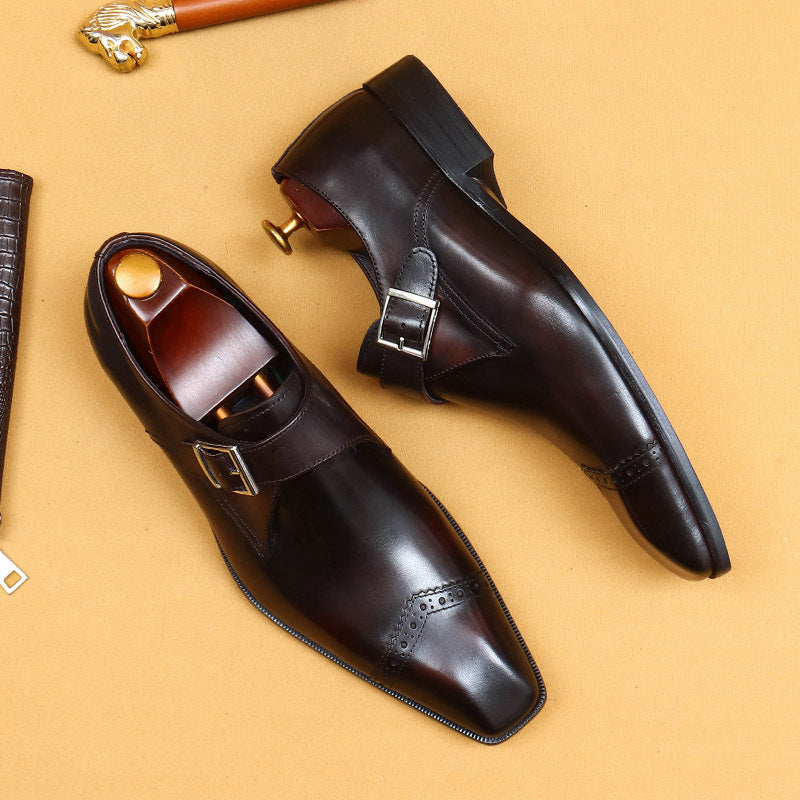 Men's Custom Monk British Vintage Buckle Formal Wear Authentic Square Men's Business Leather Shoes