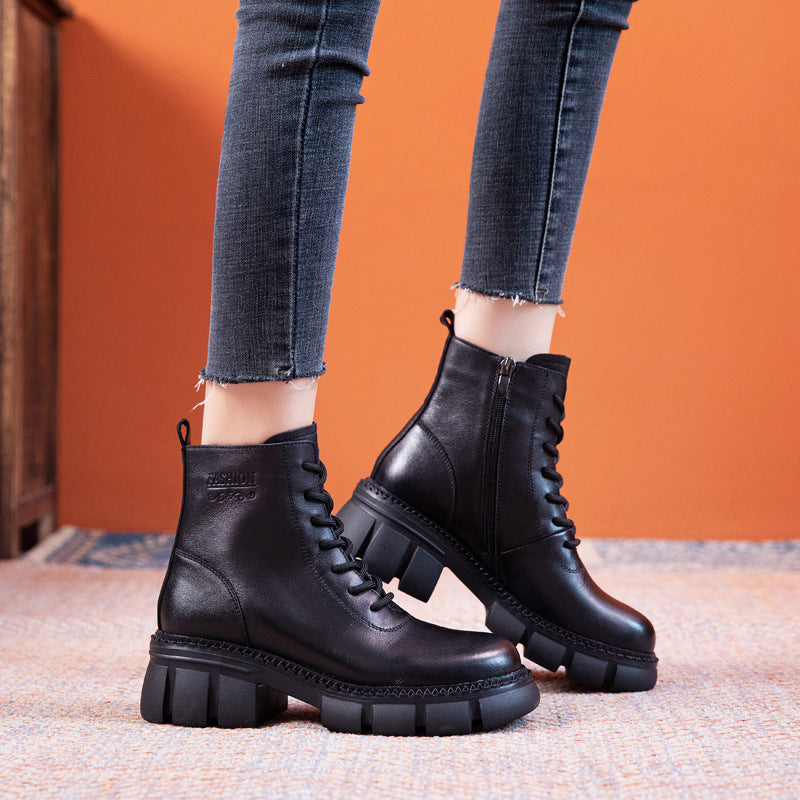 Women's Cowhide Autumn Wedge Short Retro Round Toe Boots