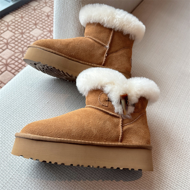 Women's Platform Horn Button Cowhide Wool Fleece Snow Boots