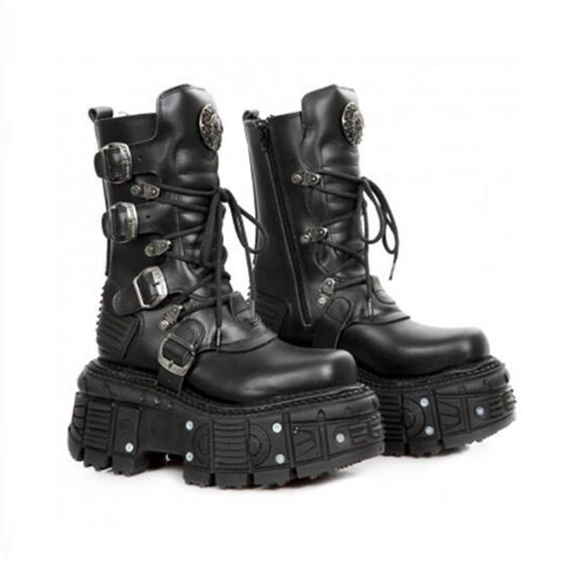 Women's Dark Punk Metal Tank Platform Middle Gothic Boots