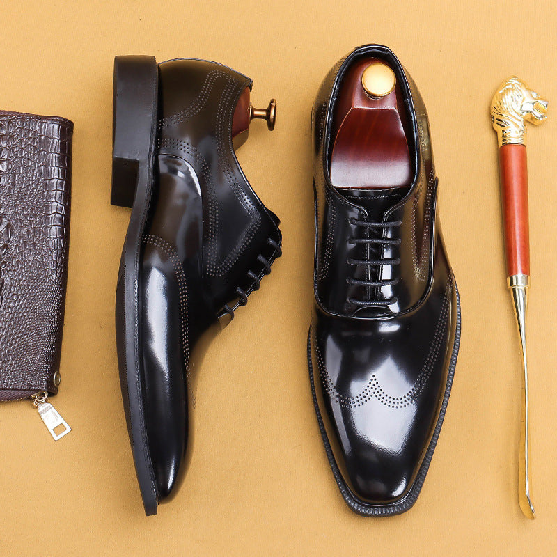 Men's Glossy Patent British Style Carving Business Leather Shoes