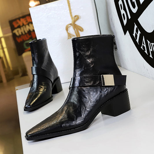 Chunky Pointed Toe Metal Buckle Knight Boots