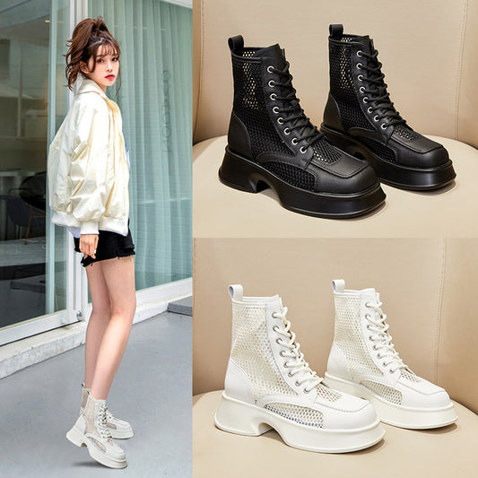 Women's Thin Breathable Martin Thick-soled White Mesh Boots