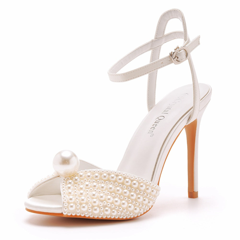 Women's White Pearl High Banquet Wedding Dress Heels