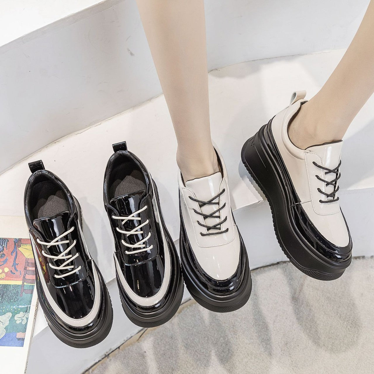 Women's Platform Height Increasing Insole Patent Lace Casual Shoes