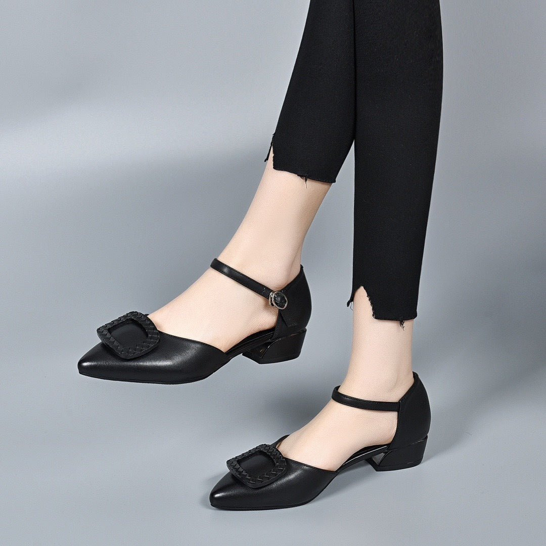 Women's Closed Toe Buckle Low Summer Genuine Heels