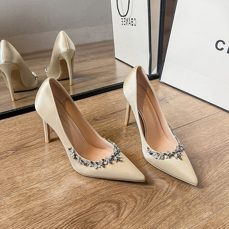 Women's Champagne Pointed Toe Rhinestone High-heeled Stiletto French Sexy Women's Shoes