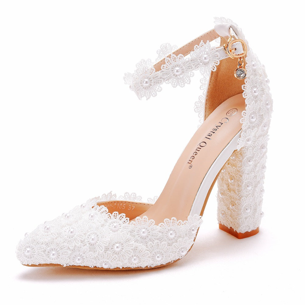 Cm White Lace Pointed Toe Chunky Sandals