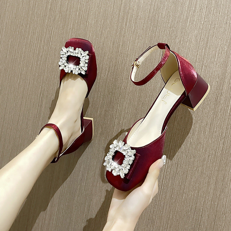Women's Summer Retro Square Toe Chunky Mary Jane Small Heels