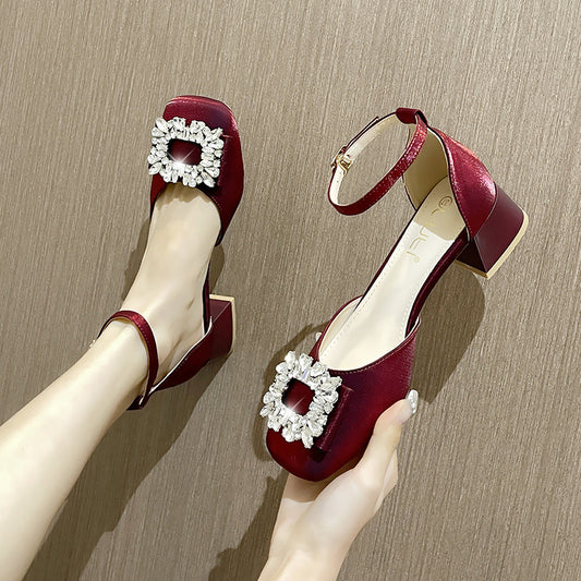 Women's Summer Retro Square Toe Chunky Mary Jane Small Heels