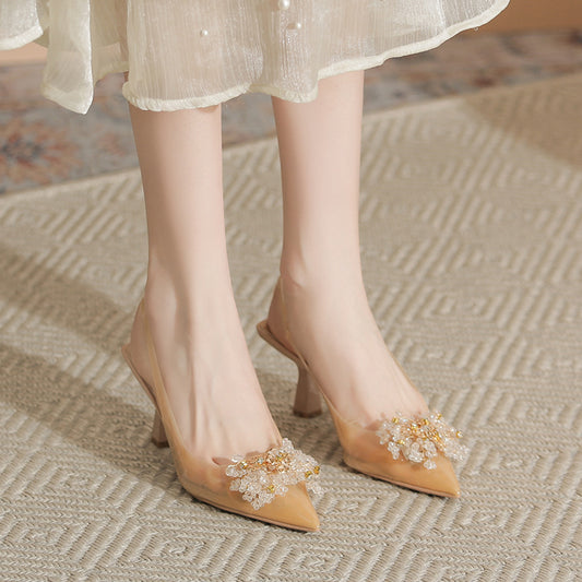 Women's French Transparent Hollow High Summer Rhinestone Heels