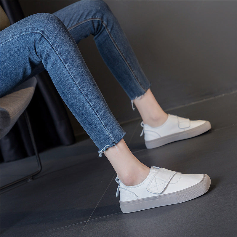 Women's Spring Cowhide Solid Color Square Toe Velcro Sneakers