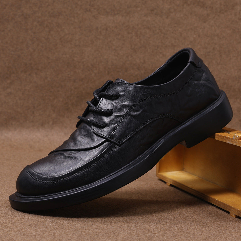 Men's Lace Up Round Toe Soft Bottom Wear Resistance British Men's Casual Leather Shoes