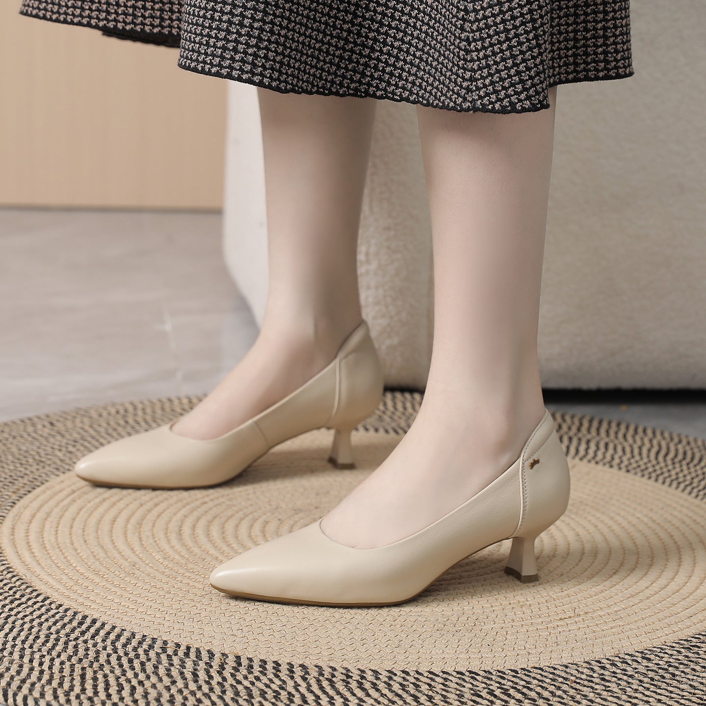 Women's Spring High Pumps Low-cut Authentic Low Workplace Simple Sheepskin Women's Shoes