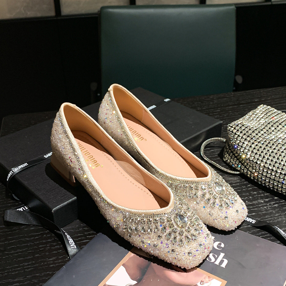 Women's Toe Soft Bottom Mid Classy Rhinestone Low-cut Full Diamond Women's Fashion Shoes