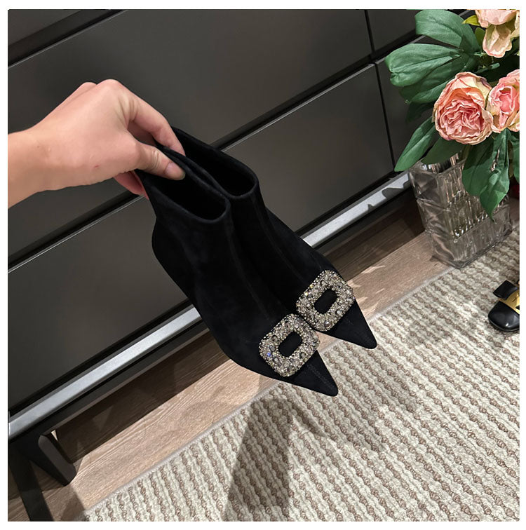 Women's Ankle Rhinestone Square Buckle Stiletto Stretch Thin Boots