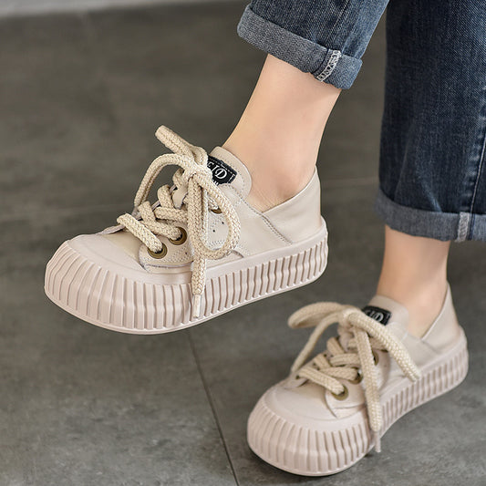 Women's Genuine Pumps Thick Bottom Platform Lace Up Round Casual Shoes