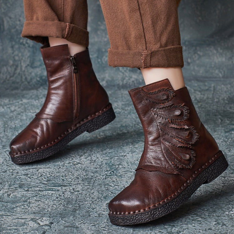 Women's Ethnic Style Vintage Cowhide Flat Ankle Boots