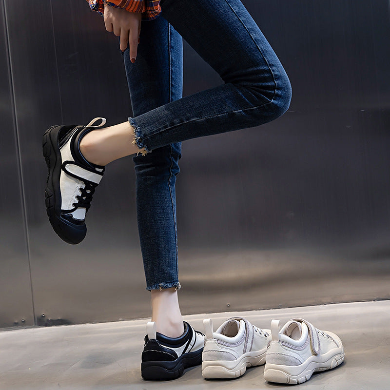 Women's Spring Genuine Sports Height Increasing White Leather Shoes